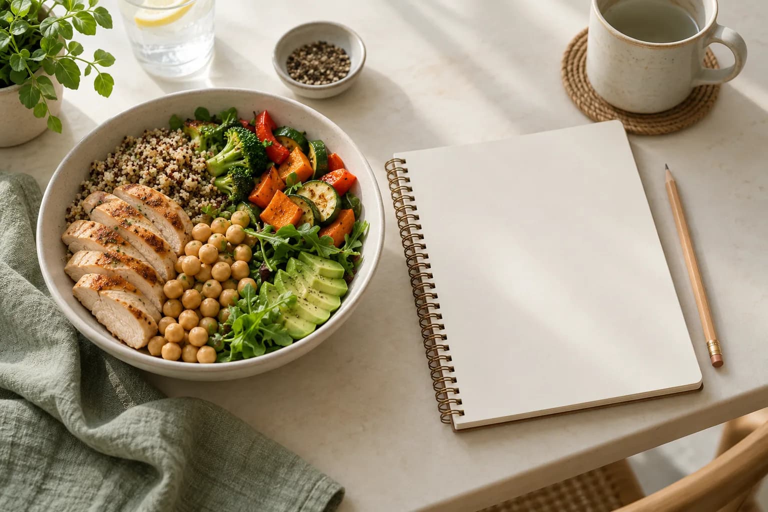 Blank notebook beside a chicken, chickpea and vegetable bowl