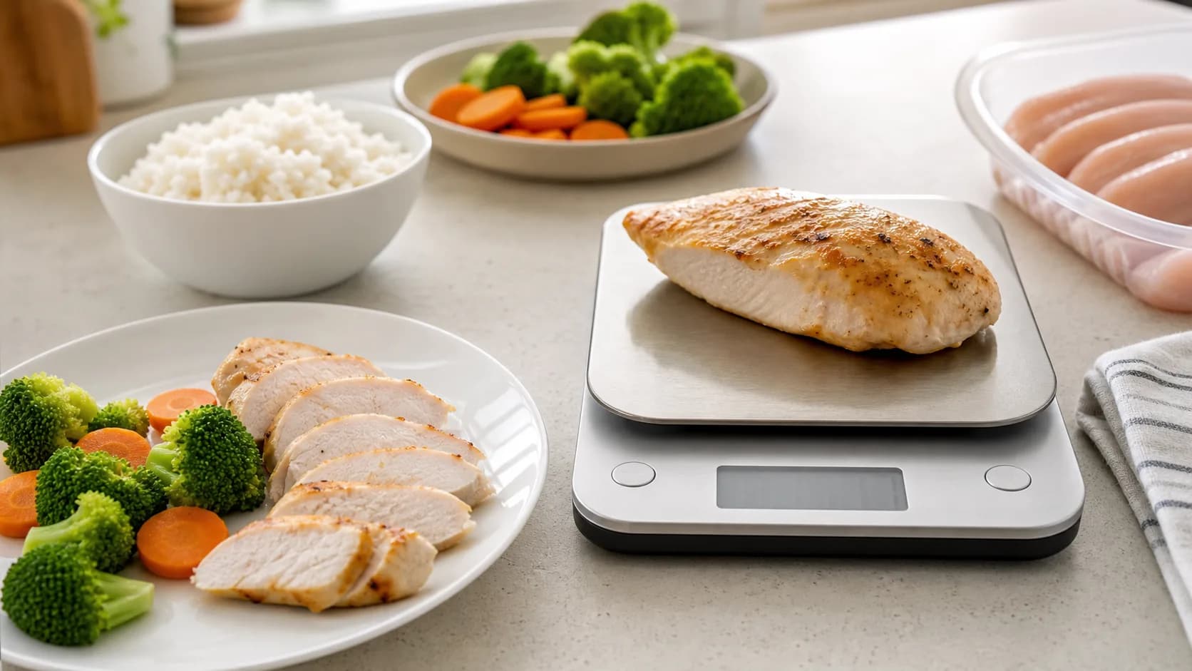 Cooked skinless chicken breast on a kitchen scale with sliced chicken, rice, vegetables, and raw chicken breast for tracking context