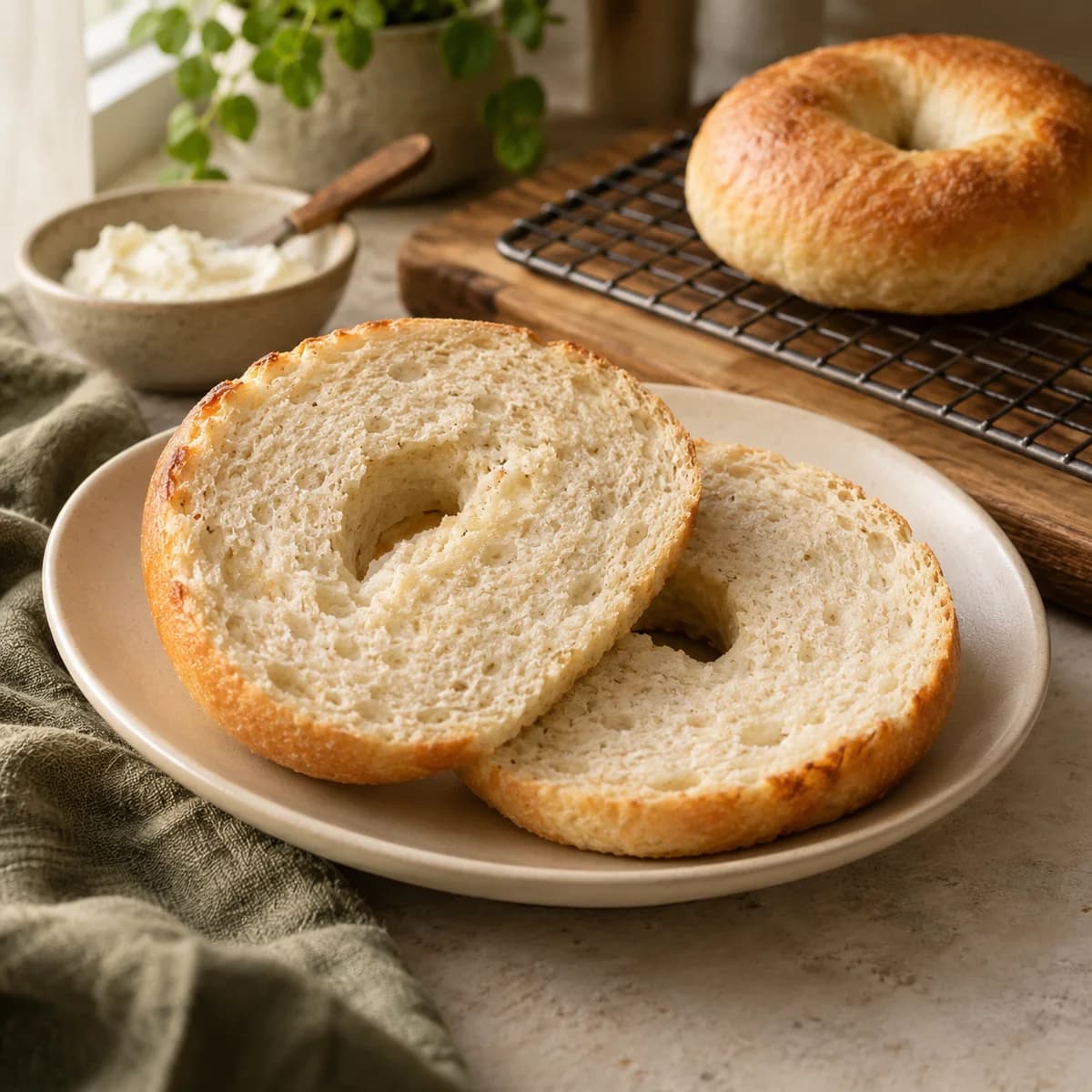 A split plain yogurt bagel with its baked crumb facing the camera