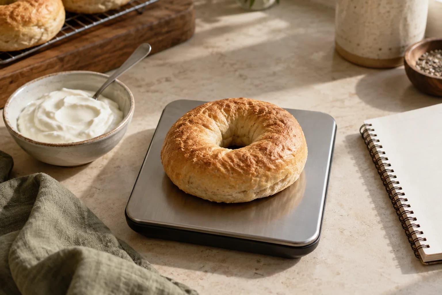 A plain bagel on a kitchen scale beside yogurt and a blank notebook