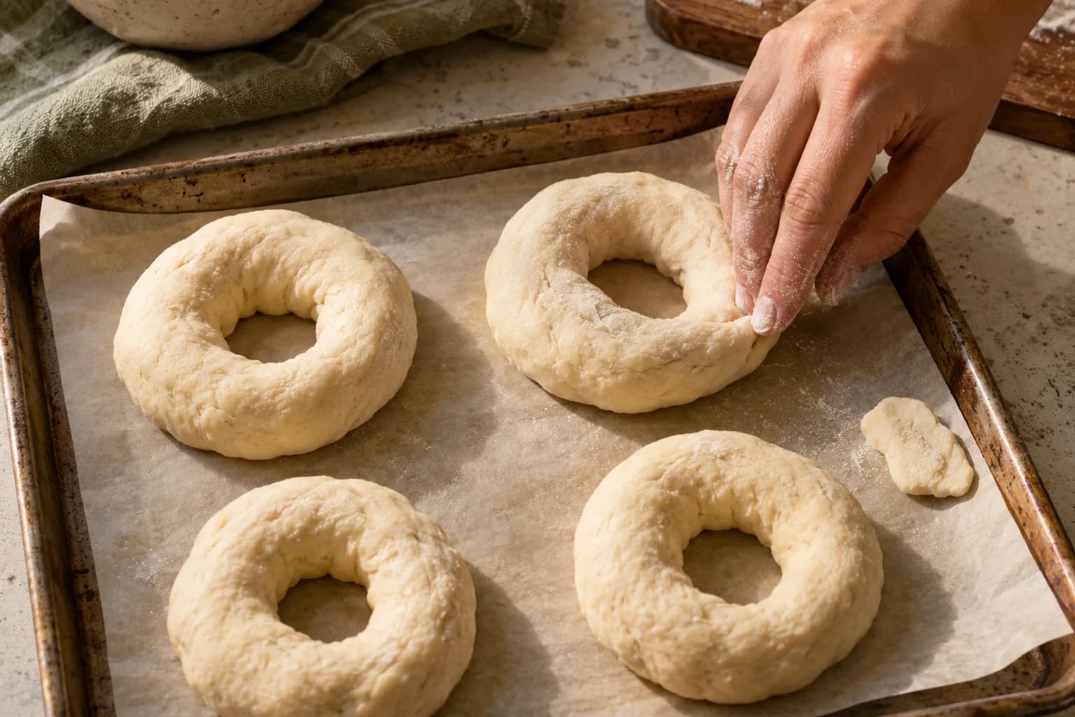 Raw bagel rings spaced on a parchment-lined tray with one seam being pressed