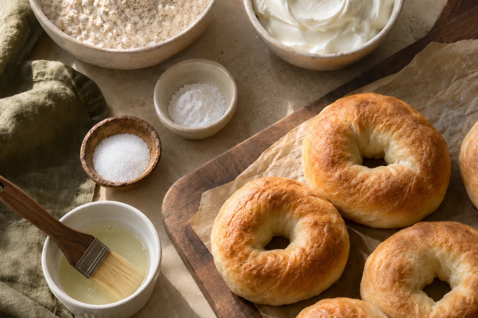 Measured flour, thick Greek yogurt, baking powder, salt and a small egg-white wash
