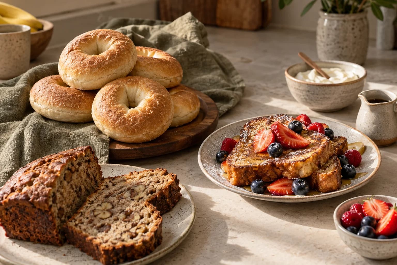 Plain bagels, banana bread slices and French toast with berries on a breakfast table