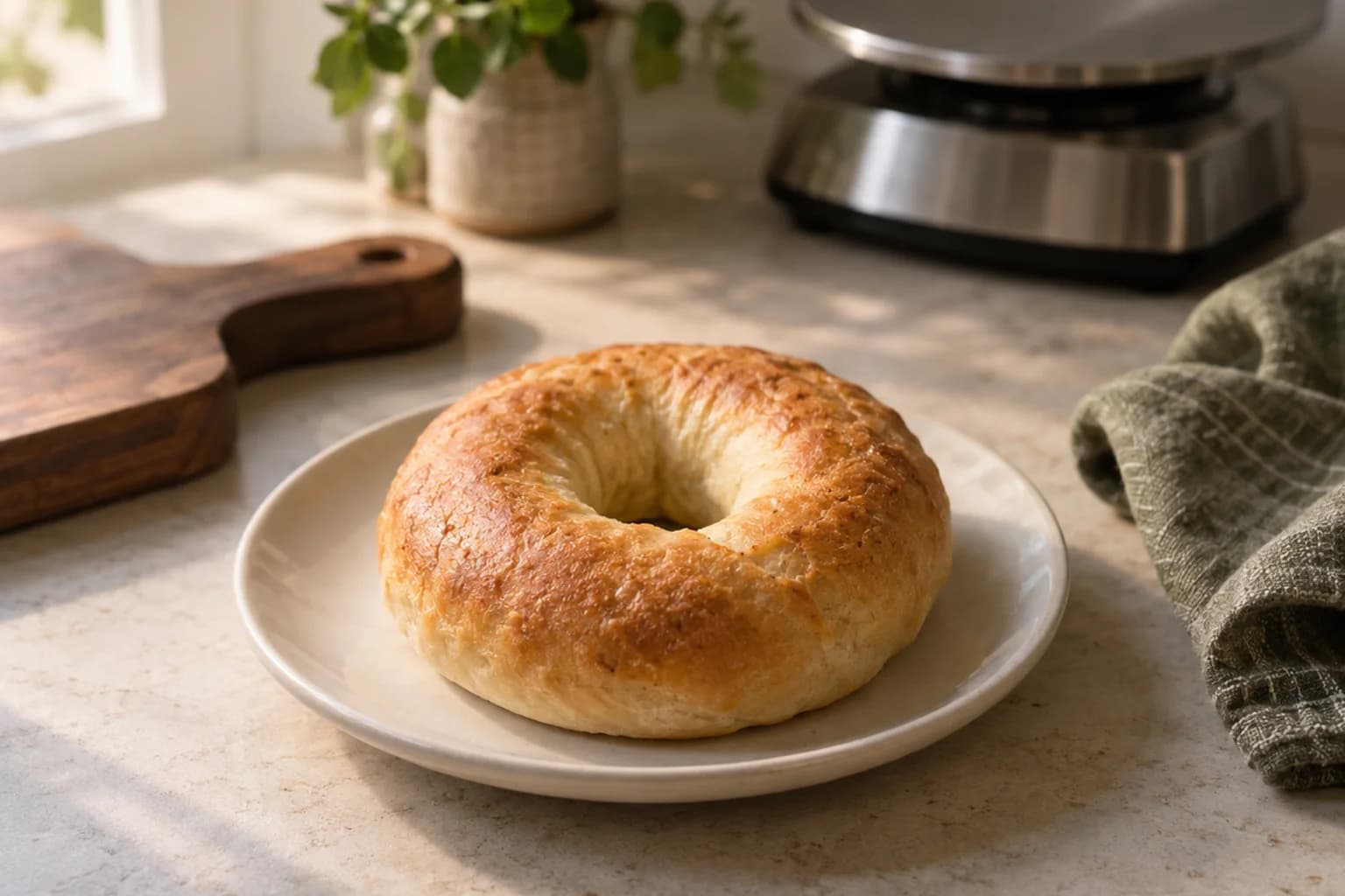One whole plain yogurt bagel on a small ivory plate beside a kitchen scale