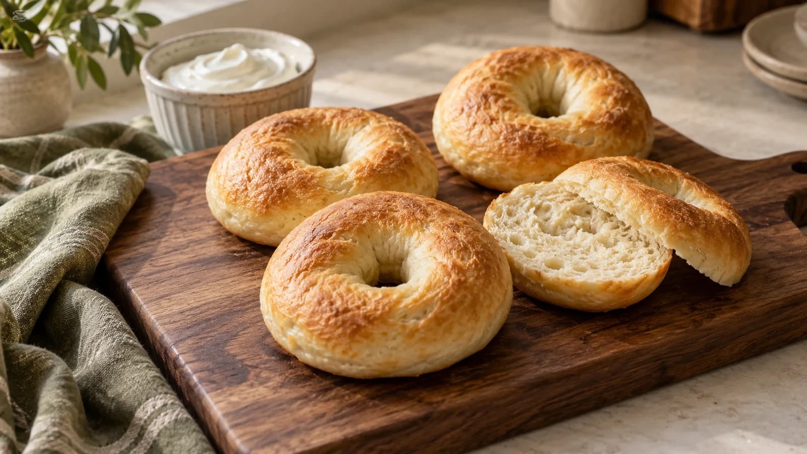 Four plain golden yogurt bagels with one split to reveal a baked pale crumb