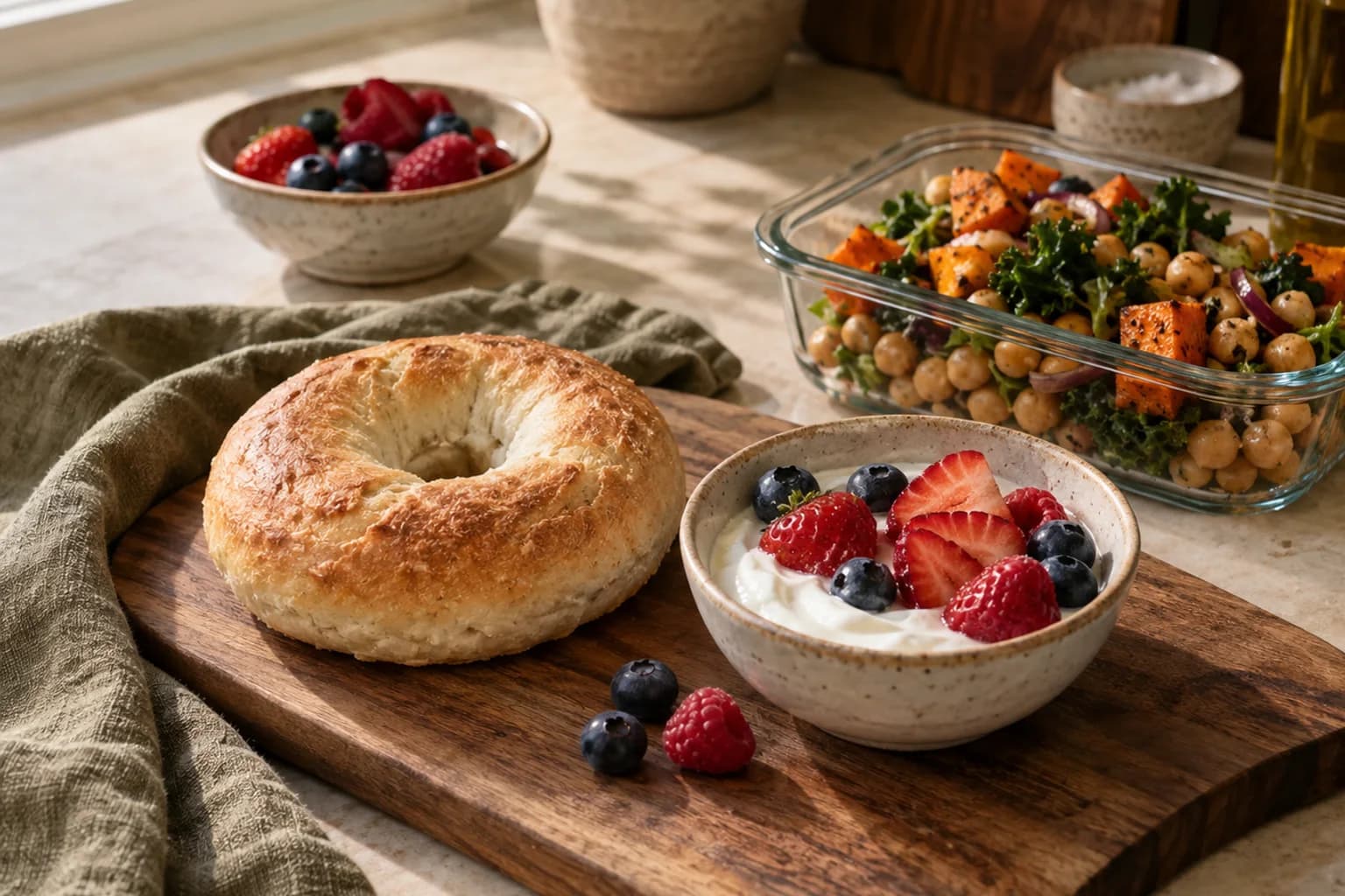 A plain bagel beside yogurt and berries with a lunch container blurred behind