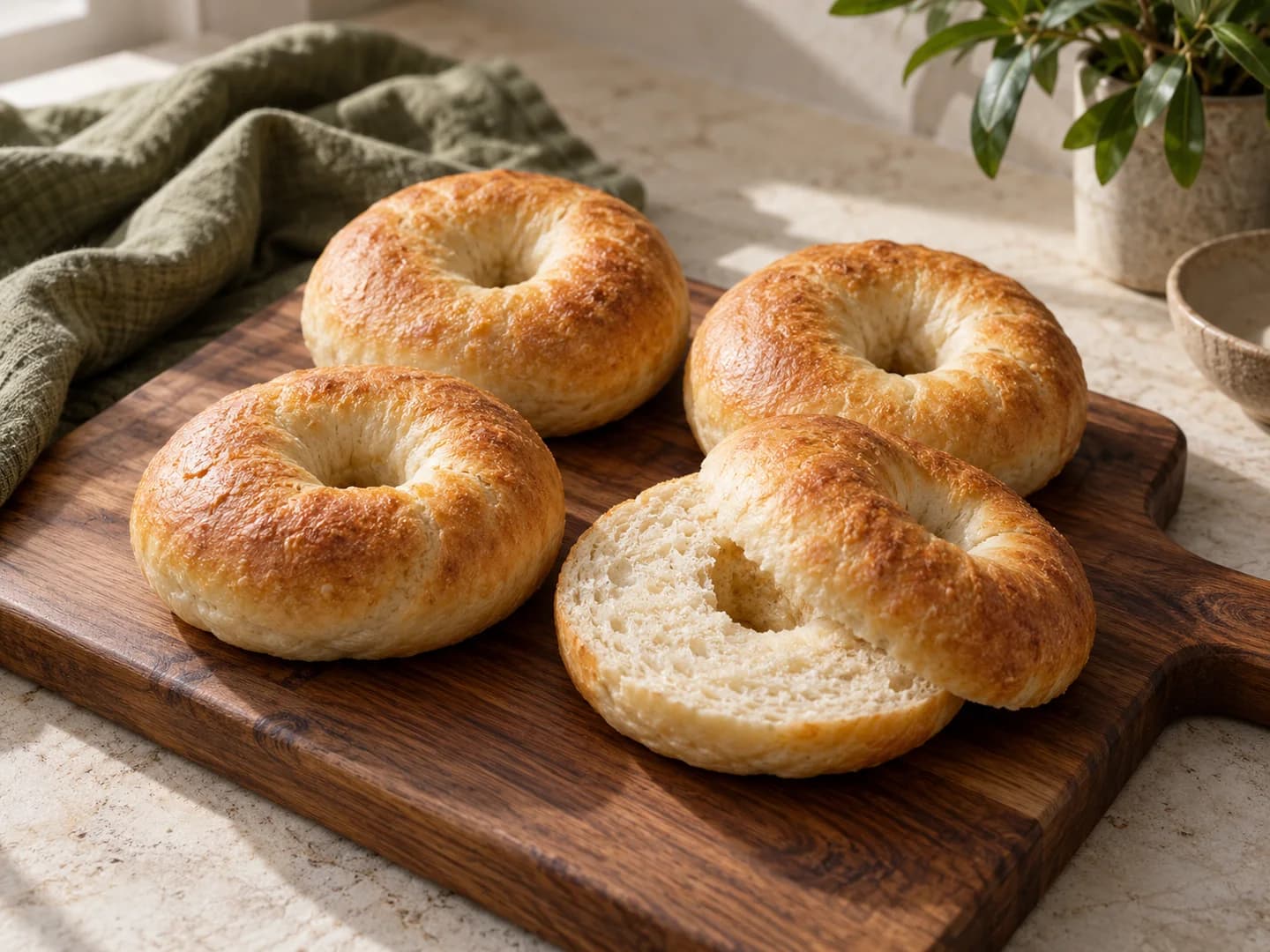 Four plain golden handmade yogurt bagels with one cut to show the crumb