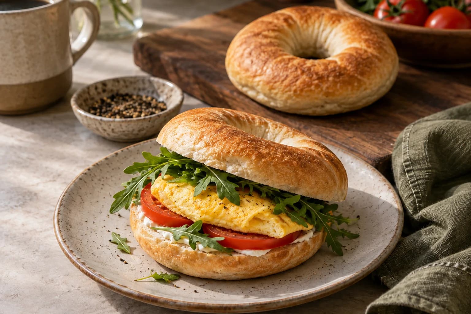 A yogurt bagel sandwich with fully cooked egg, tomato and greens