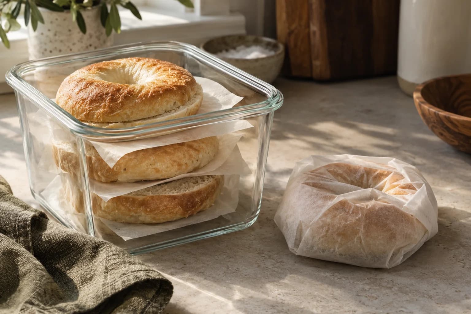 Cooled split bagels with parchment between halves in a glass container