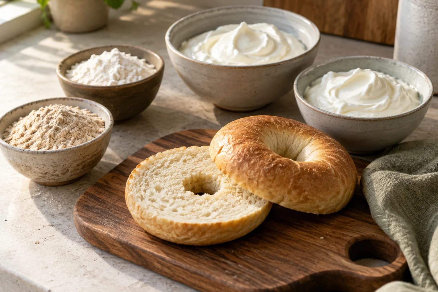 Plain bagel halves beside thick yogurt and bowls of white and whole-wheat flour