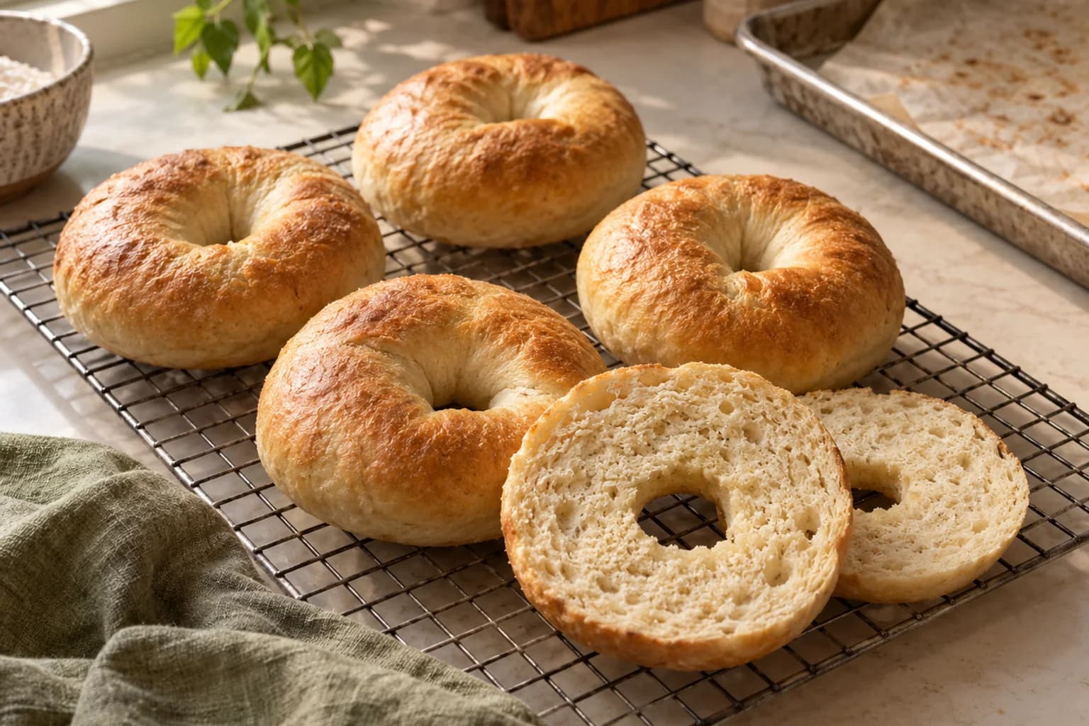 Plain yogurt bagels cooling on a rack with one centre cut open