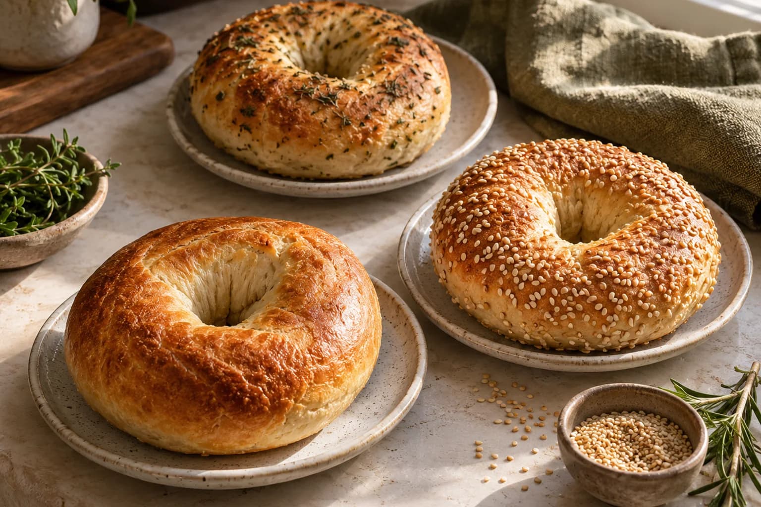 Plain, sesame and herb yogurt bagels on separate plates