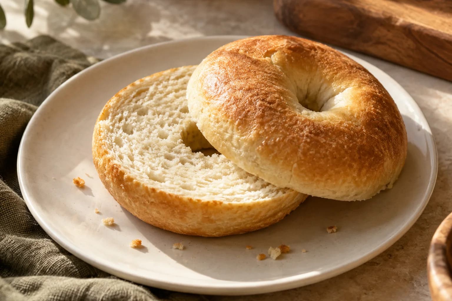 A split plain bagel with a soft baked crumb and a few crumbs on an ivory plate