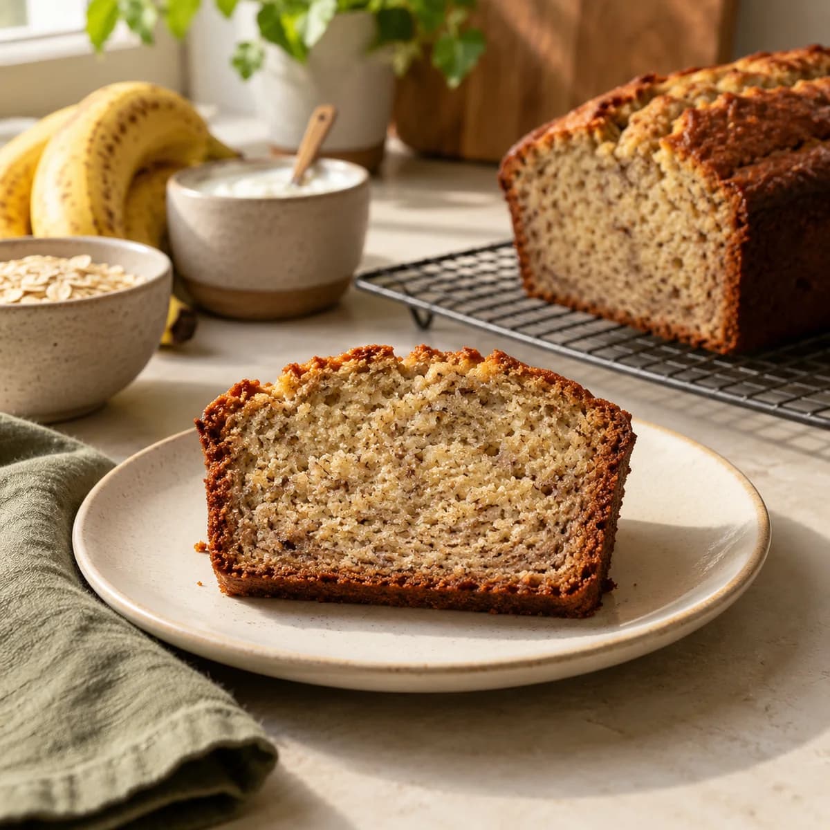 A banana bread slice with its baked cross section facing the camera
