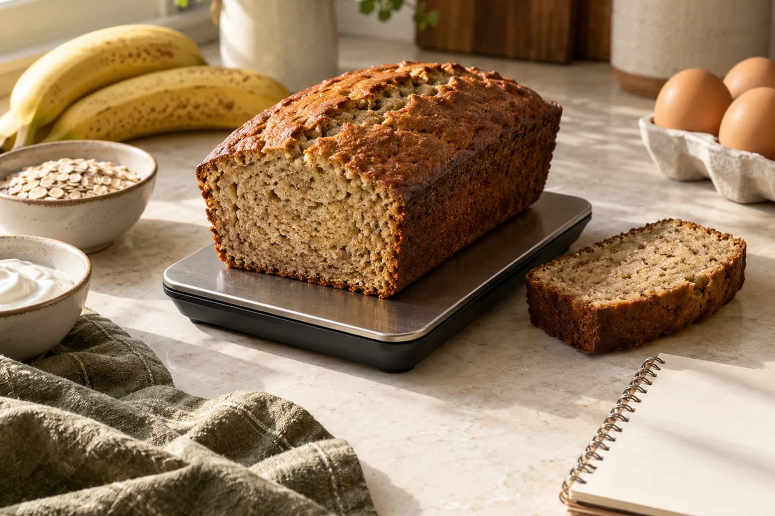 A cooled banana loaf being weighed beside one slice and a blank notebook