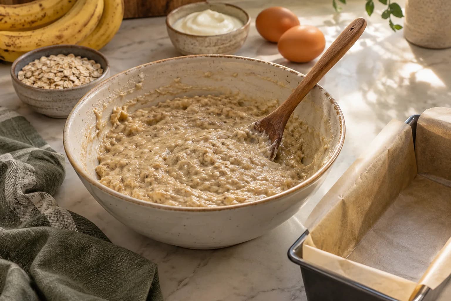 A wooden spoon folding banana bread batter beside a parchment-lined loaf pan