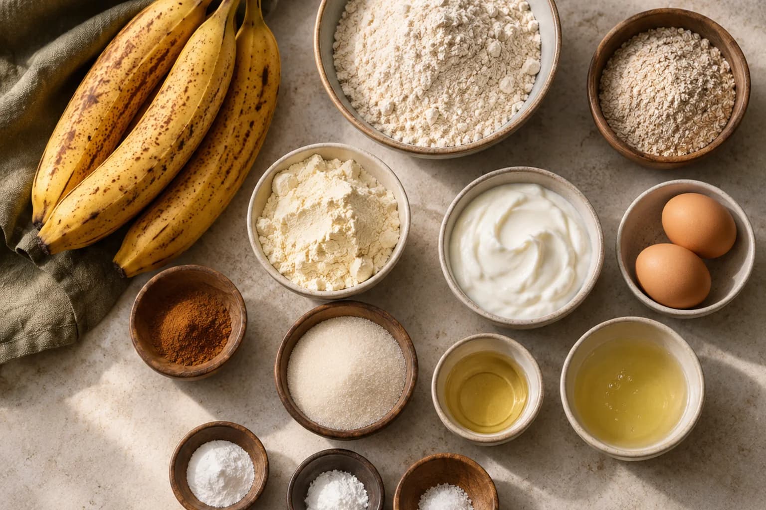 Bananas, flour, ground oats, yogurt, whey, eggs and measured baking ingredients arranged overhead