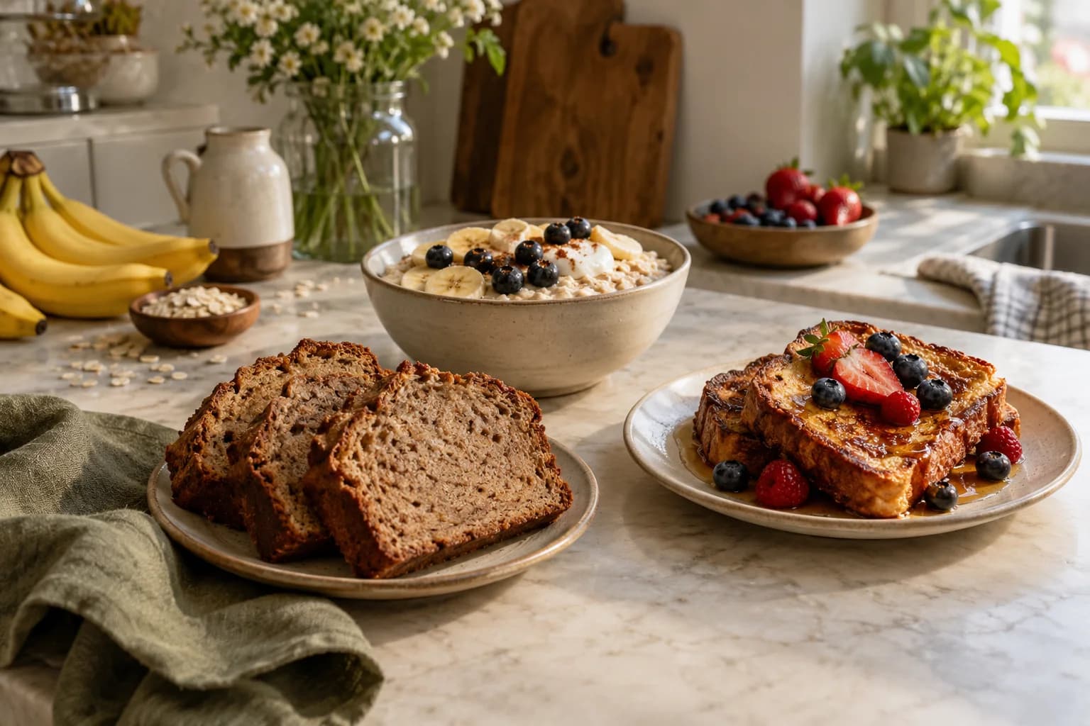 Banana bread, French toast with berries and overnight oats on a breakfast table