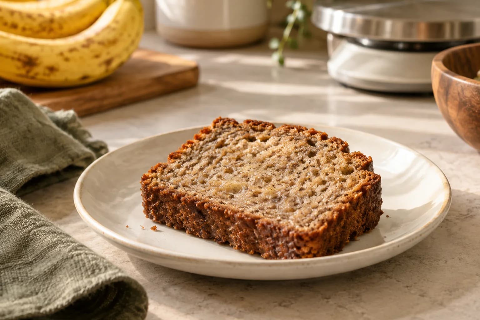 One plain banana bread slice on an ivory plate beside a kitchen scale