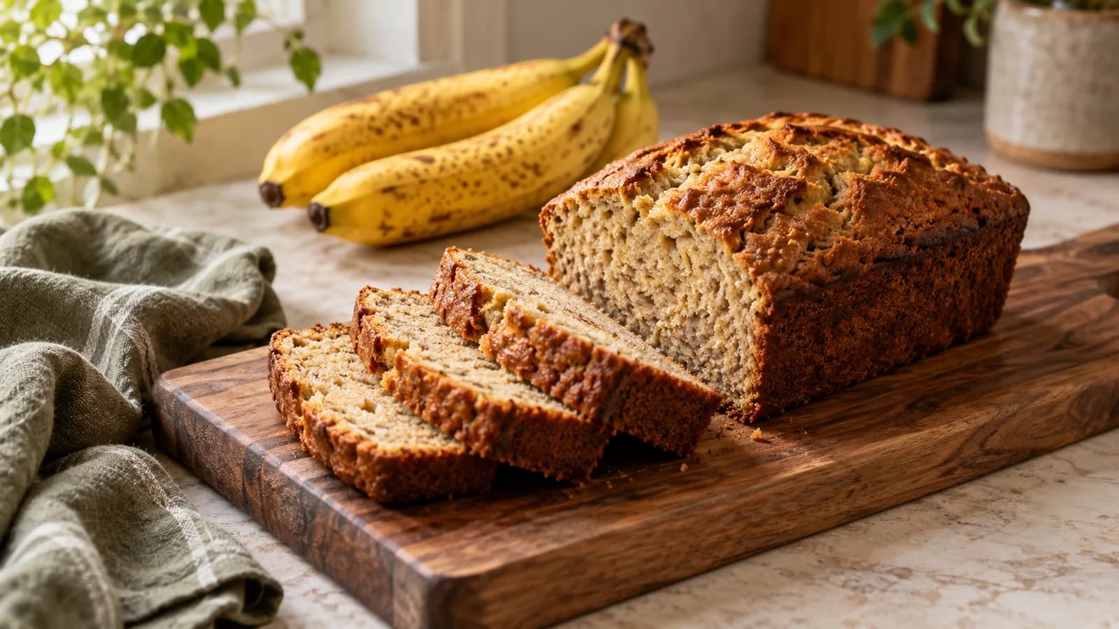 Golden banana bread loaf and three slices showing a baked banana-flecked crumb