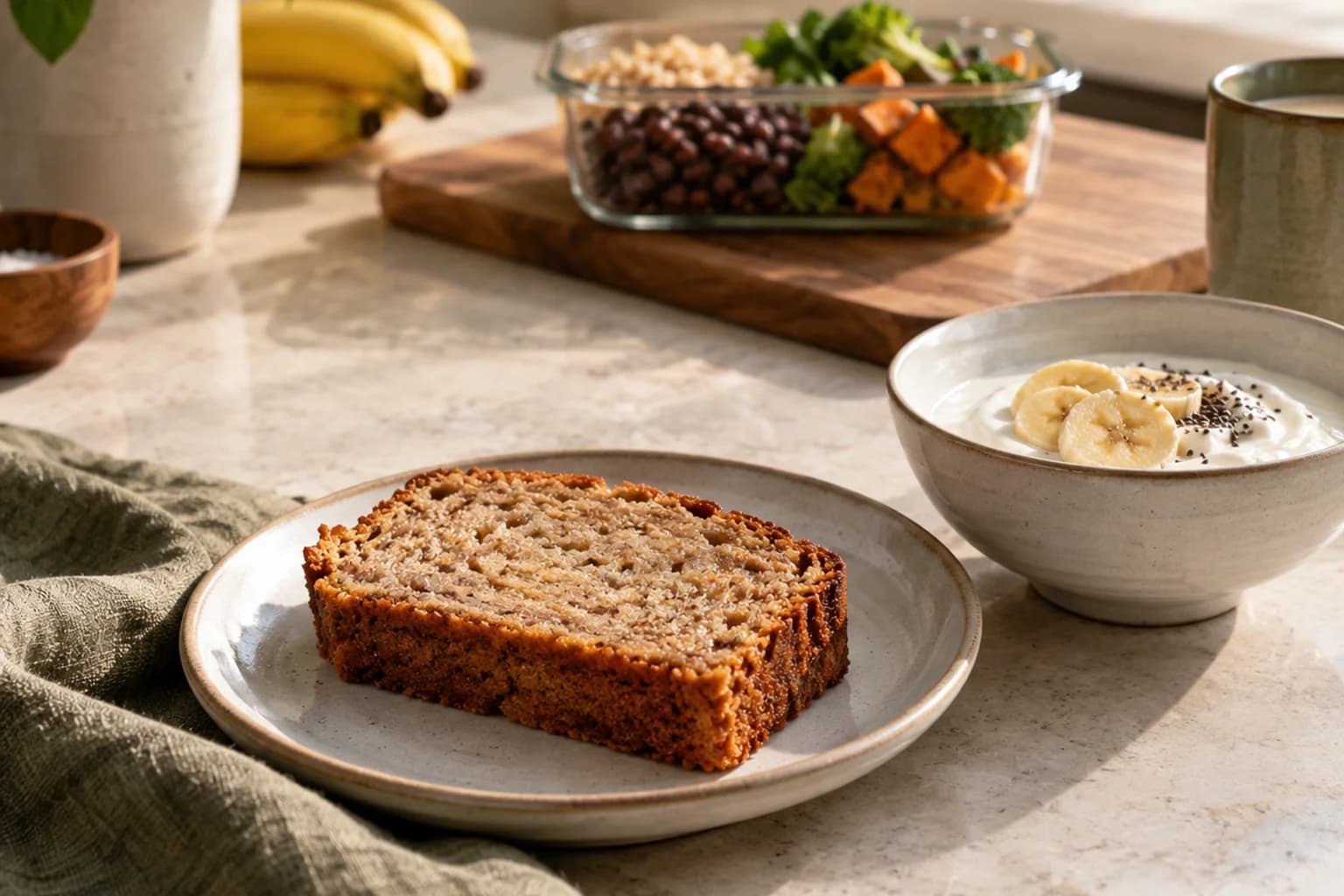 Banana bread and yogurt breakfast with a lunch container softly blurred behind