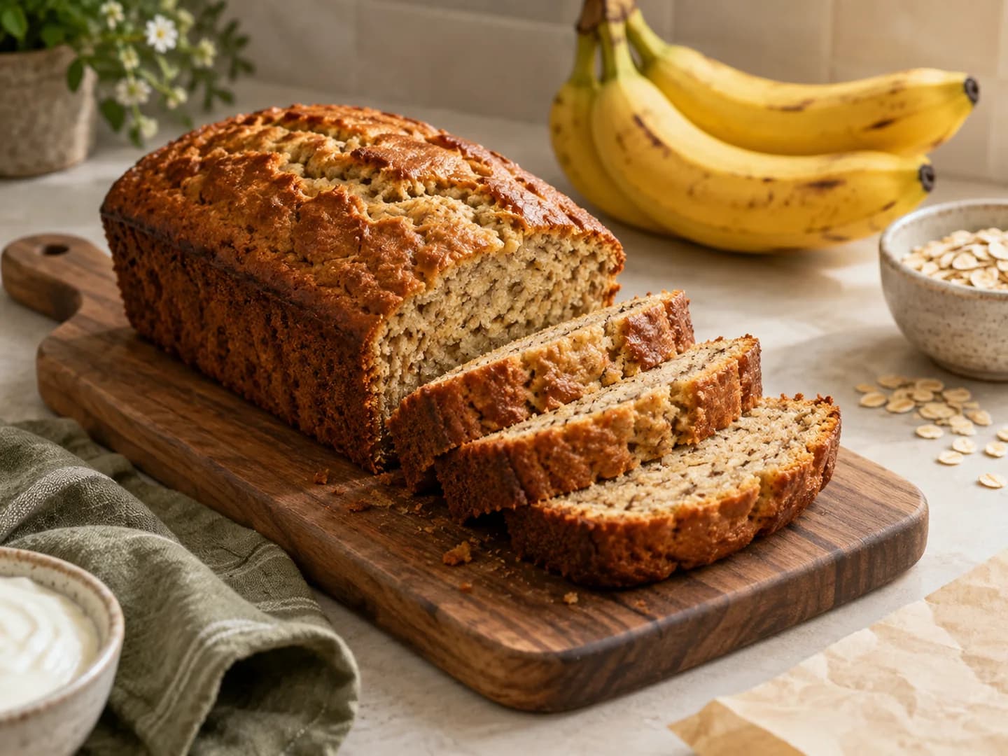 Plain golden banana bread loaf cut into even slices on a wooden board