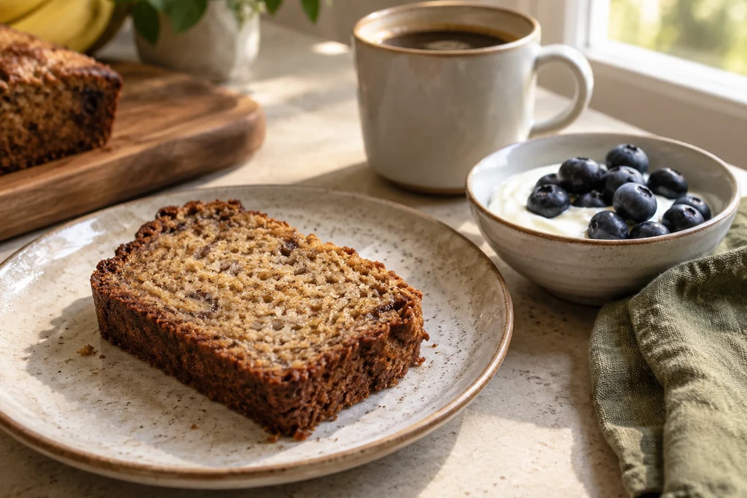 One banana bread slice with a separate yogurt bowl, blueberries and coffee