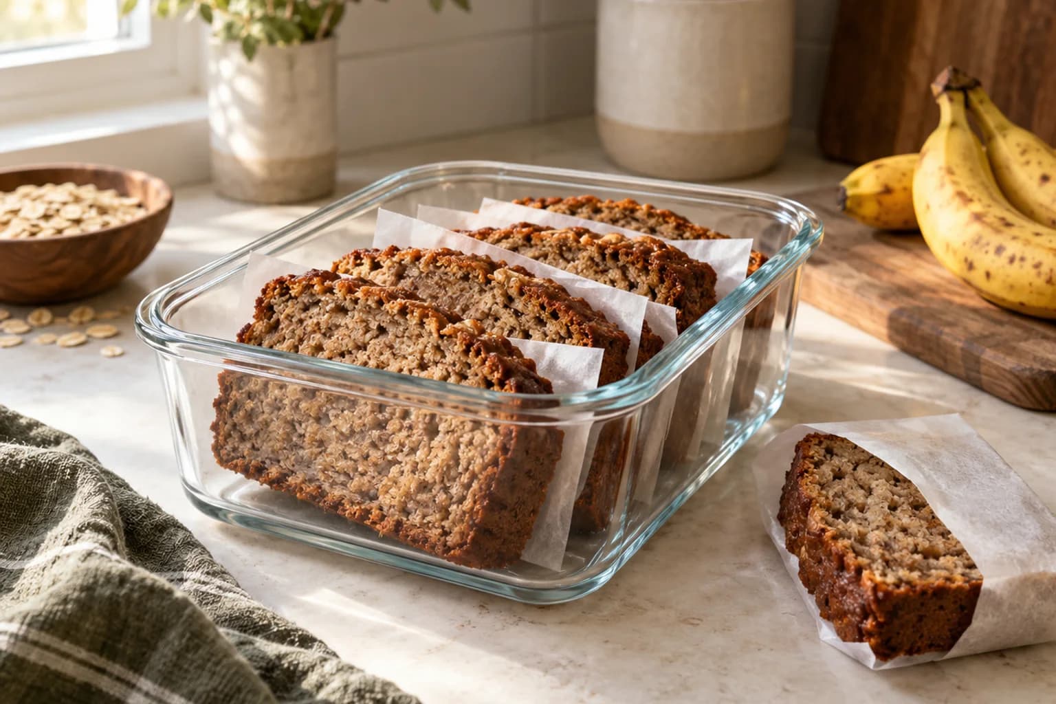 Cooled banana bread slices separated by parchment in a glass container