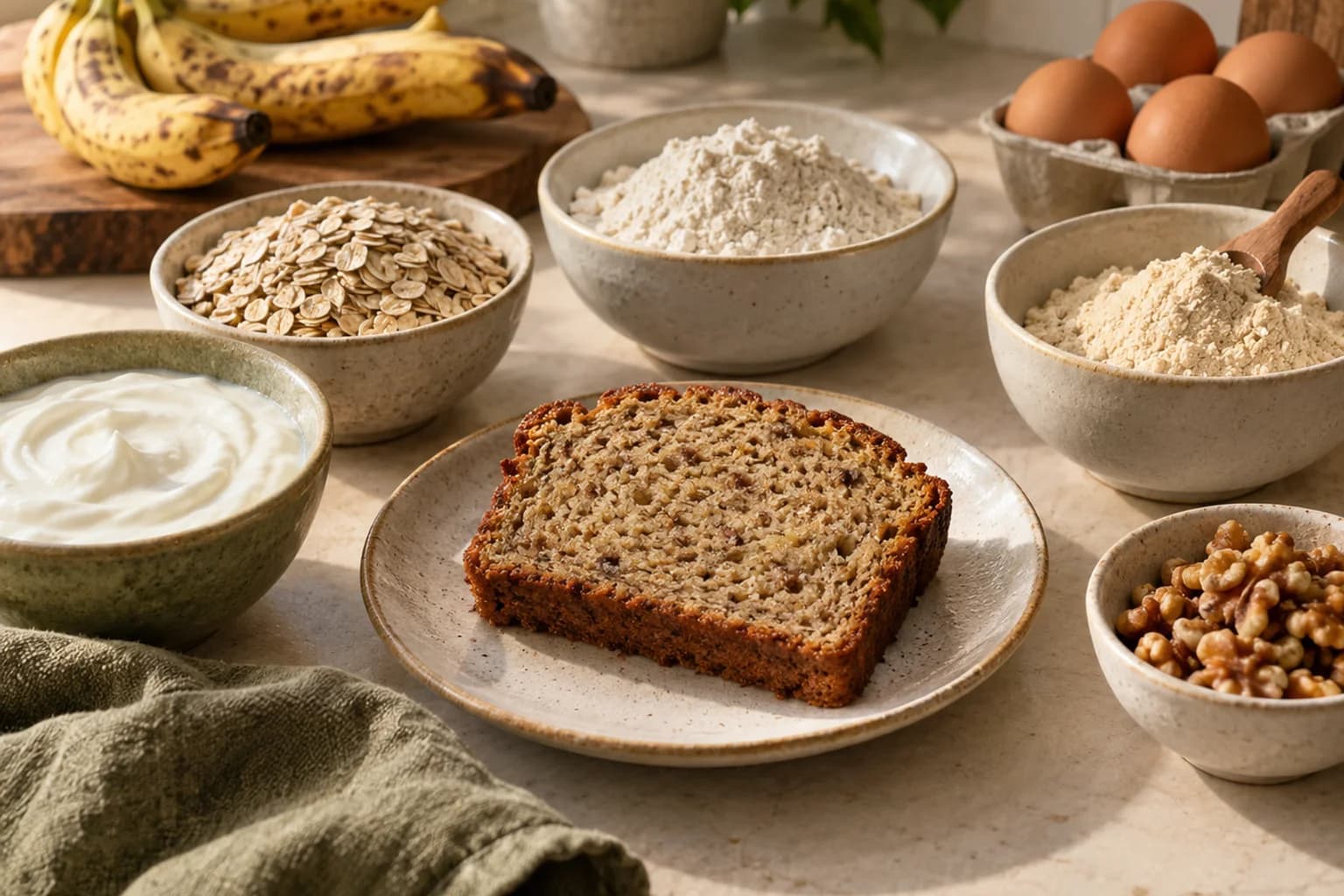 Yogurt, oats, flour and protein powder beside a banana bread slice