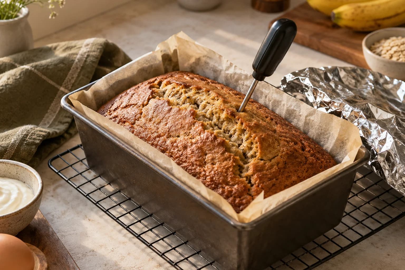 Banana bread cooling in its lined pan with a thermometer and foil nearby