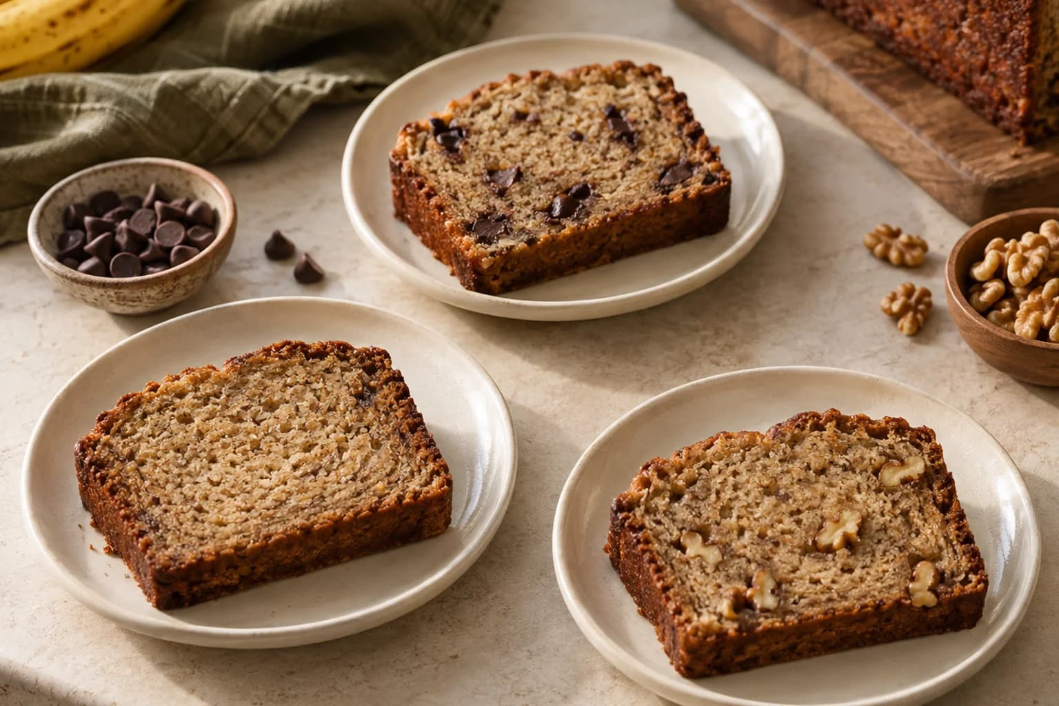 Plain, chocolate-chip and walnut banana bread slices on three separate plates