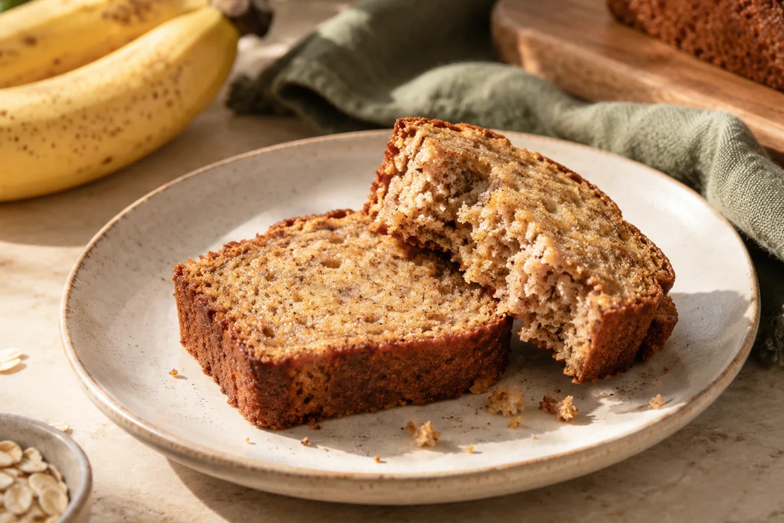 Two banana bread slices with a small piece broken away to show the crumb