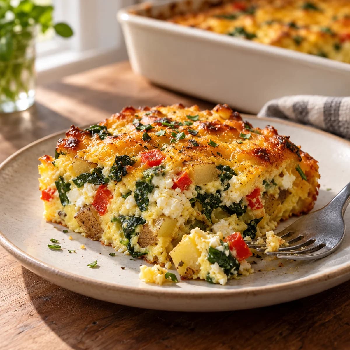 A casserole portion cut open to reveal set egg, tender potato cubes, cottage cheese curds, spinach and red pepper
