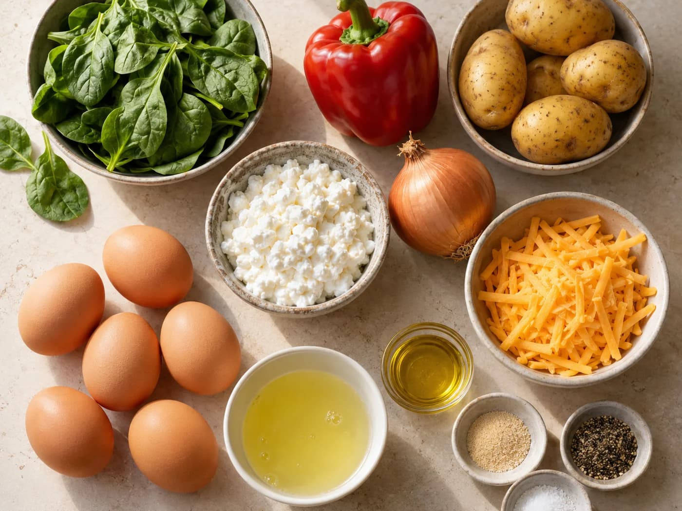 Eggs, egg whites, cottage cheese, potatoes, red pepper, spinach, onion, cheddar, oil and seasonings arranged separately