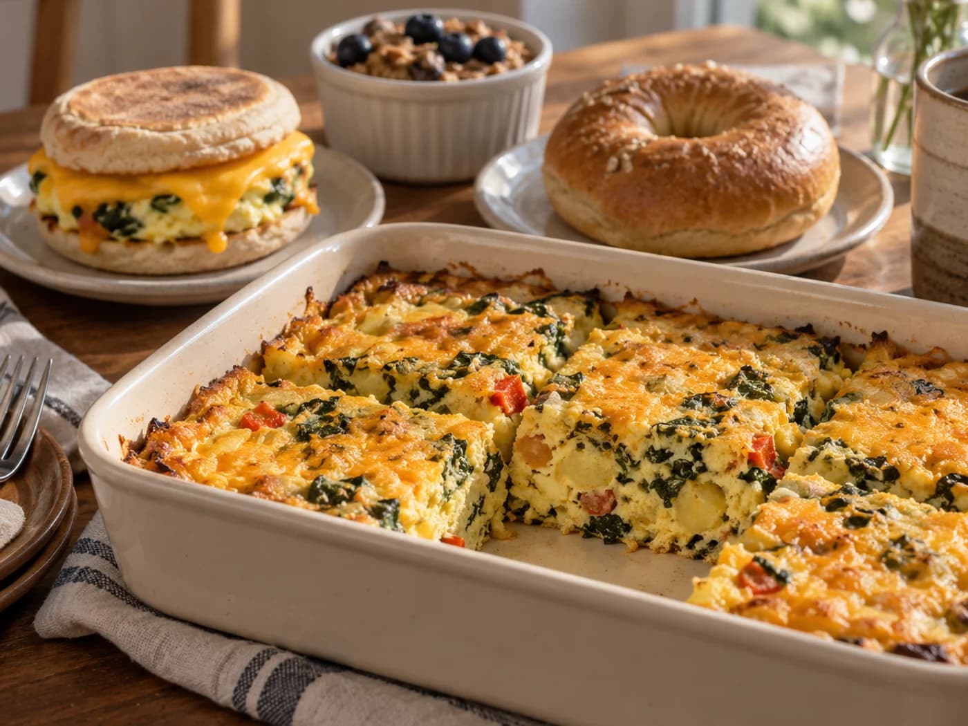 A breakfast casserole portion beside separate plates of an egg muffin sandwich, plain bagel and baked oats