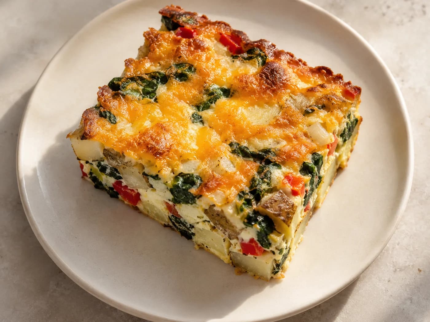 One complete potato, vegetable and egg casserole portion on a small cream plate