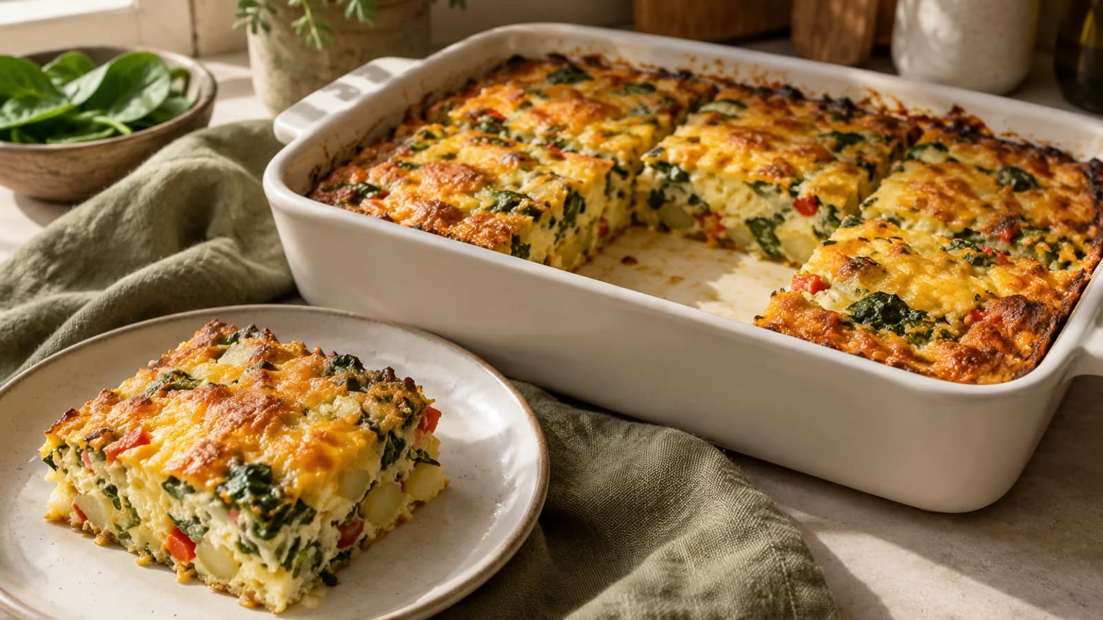 Golden potato and vegetable egg casserole in an ivory baking dish with one portion served on a plate
