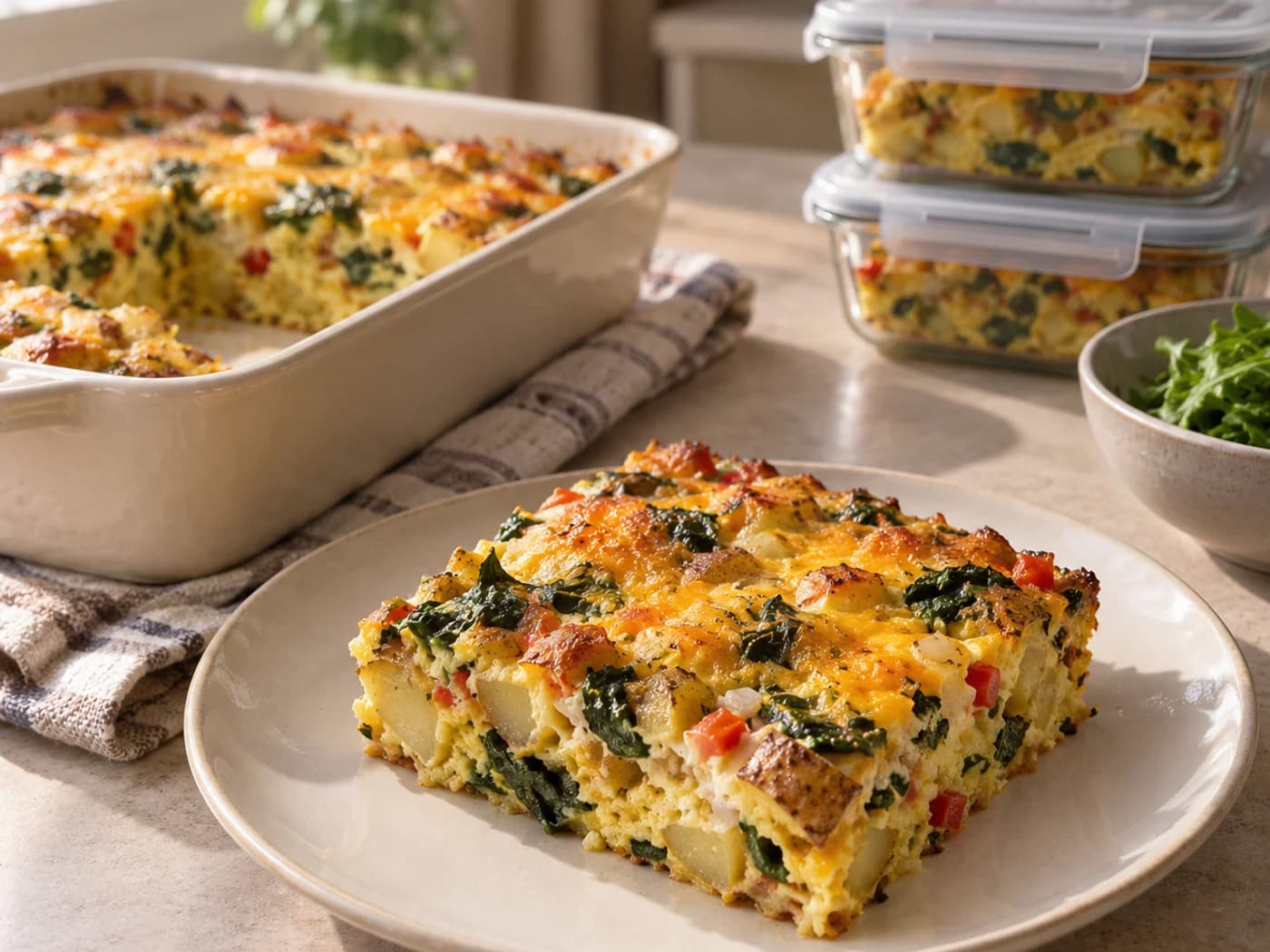 A casserole portion in the foreground with covered meal containers softly blurred behind