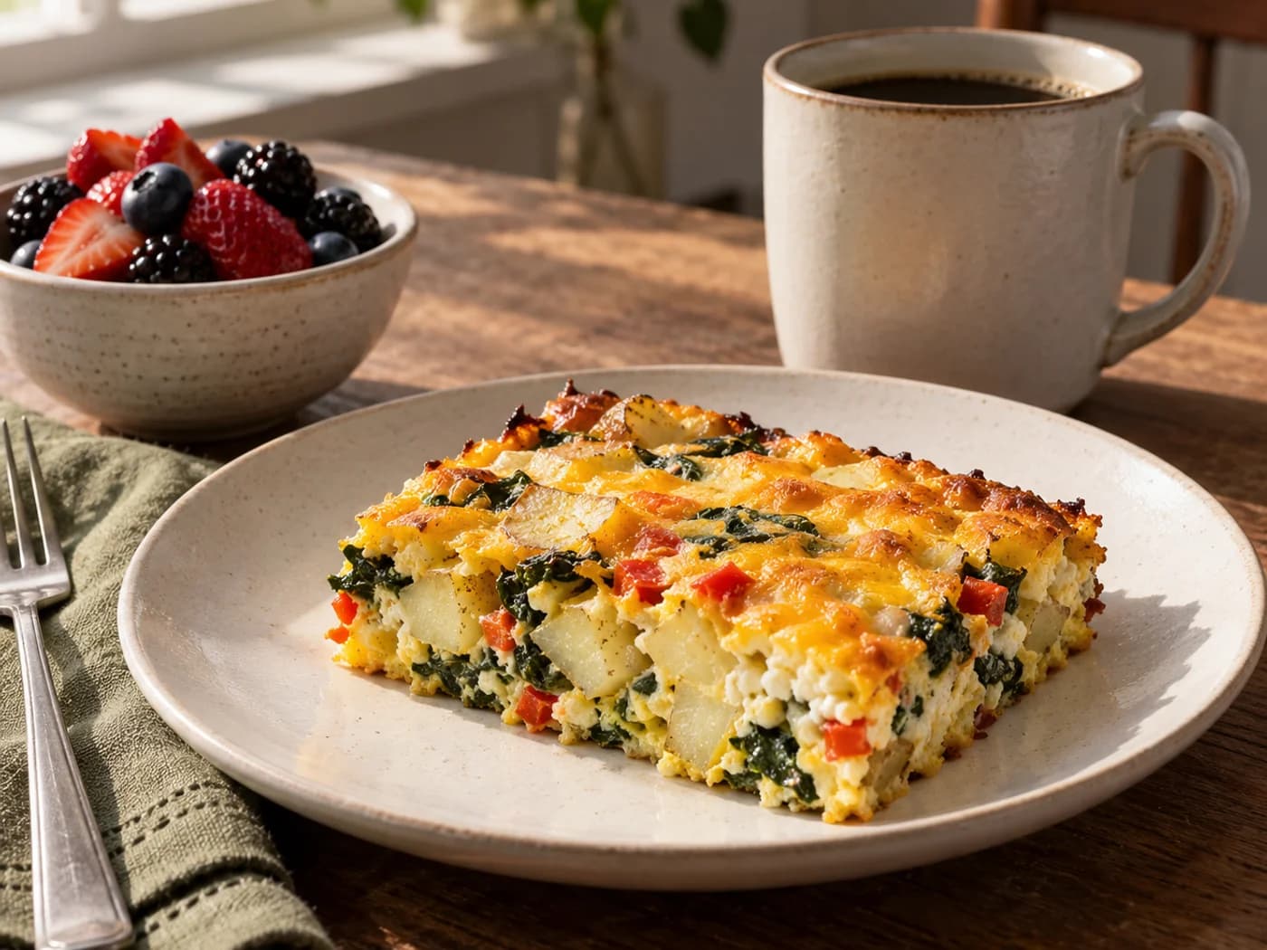 A casserole portion with a separate berry bowl and coffee mug on a breakfast table