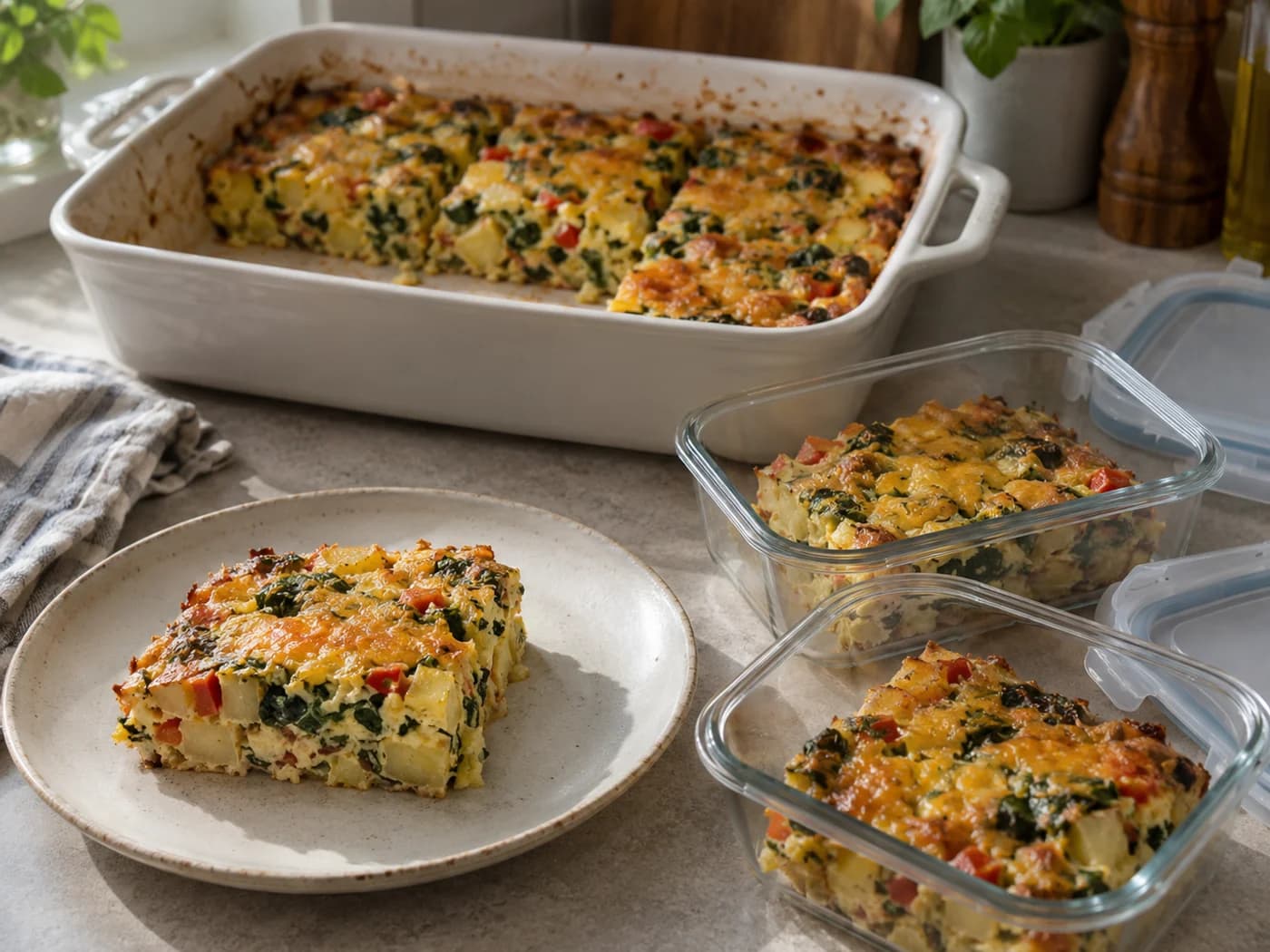 Cooled casserole portions in shallow clear containers with their lids beside them