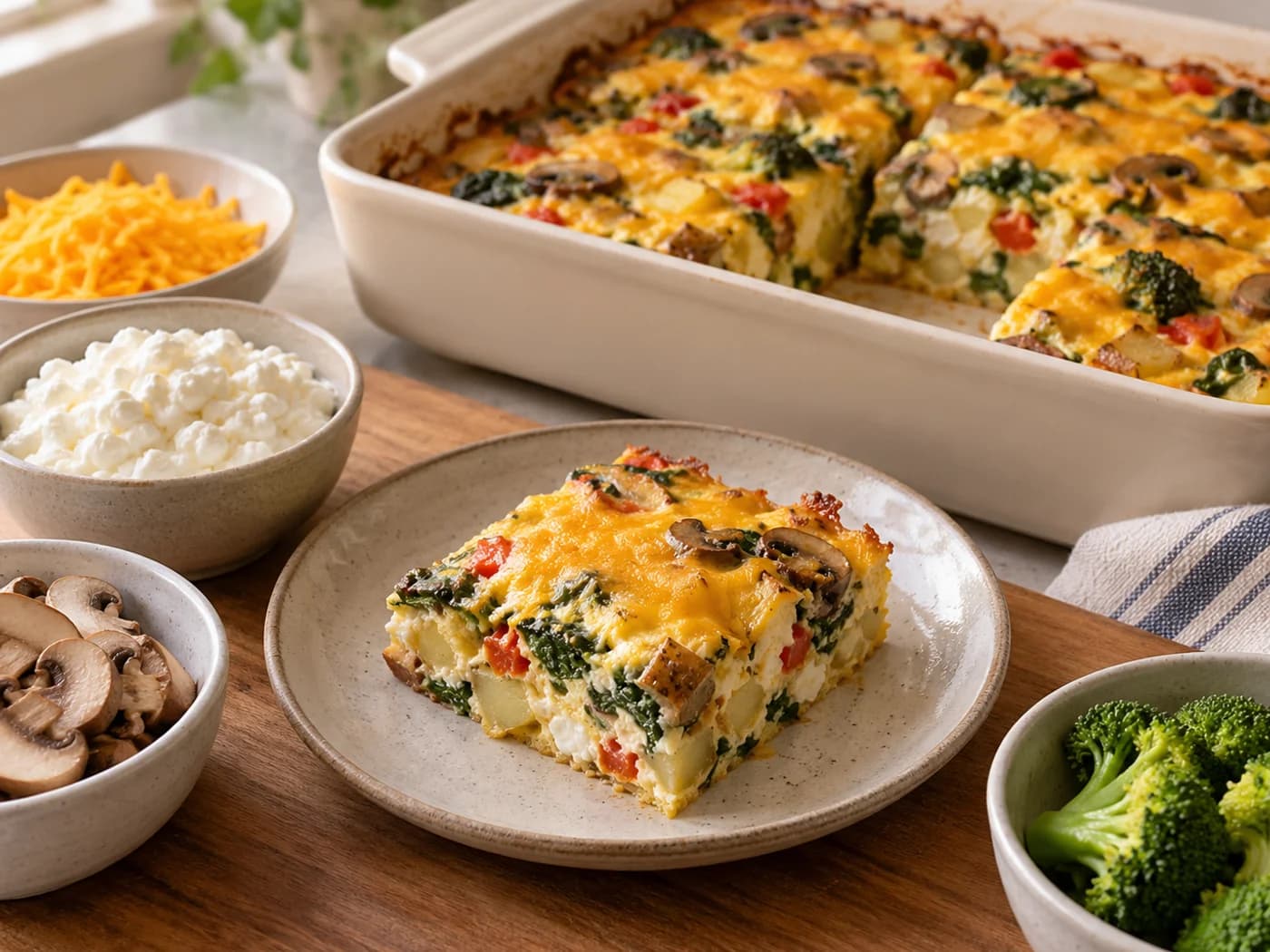 A casserole portion beside separate bowls of cottage cheese, cheddar, mushrooms and broccoli