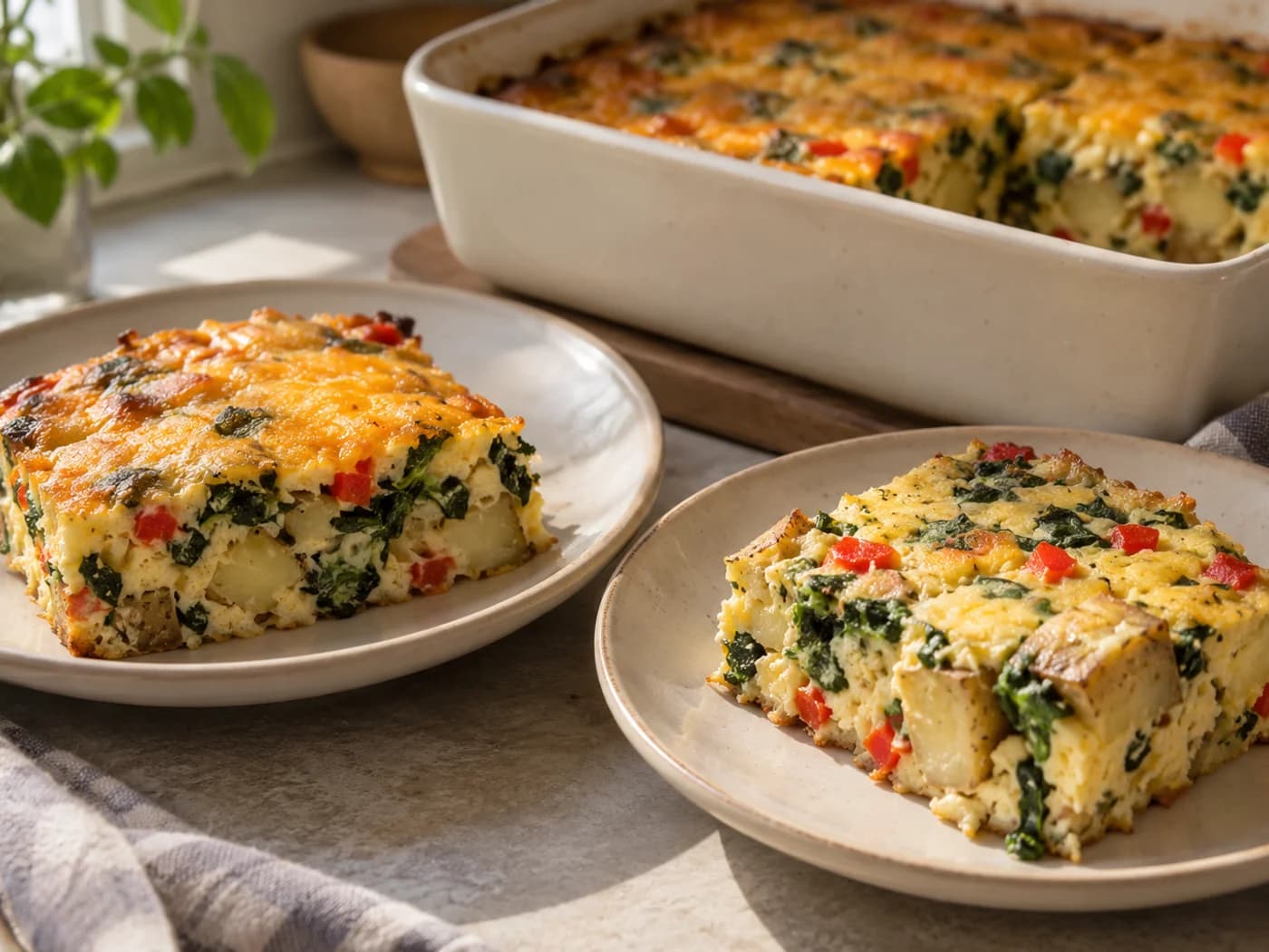 Two casserole portions on separate plates, one with cheddar topping and one with a lighter egg surface