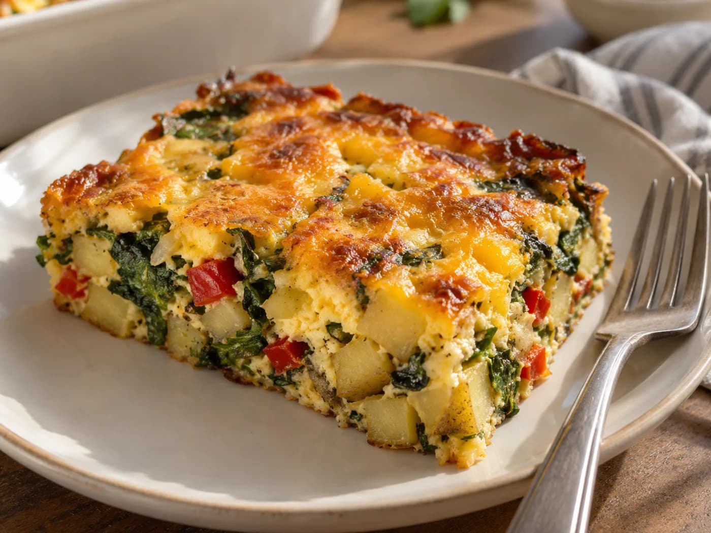 A warm casserole rectangle with potato, spinach and red pepper visible in the cut face