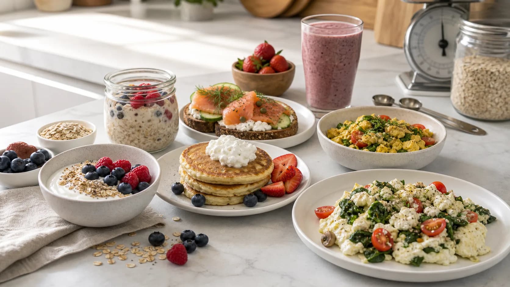 High-protein breakfast spread with Greek yogurt bowl, protein pancakes, overnight oats, salmon toast, tofu scramble, cottage cheese, berries, oats, and smoothie