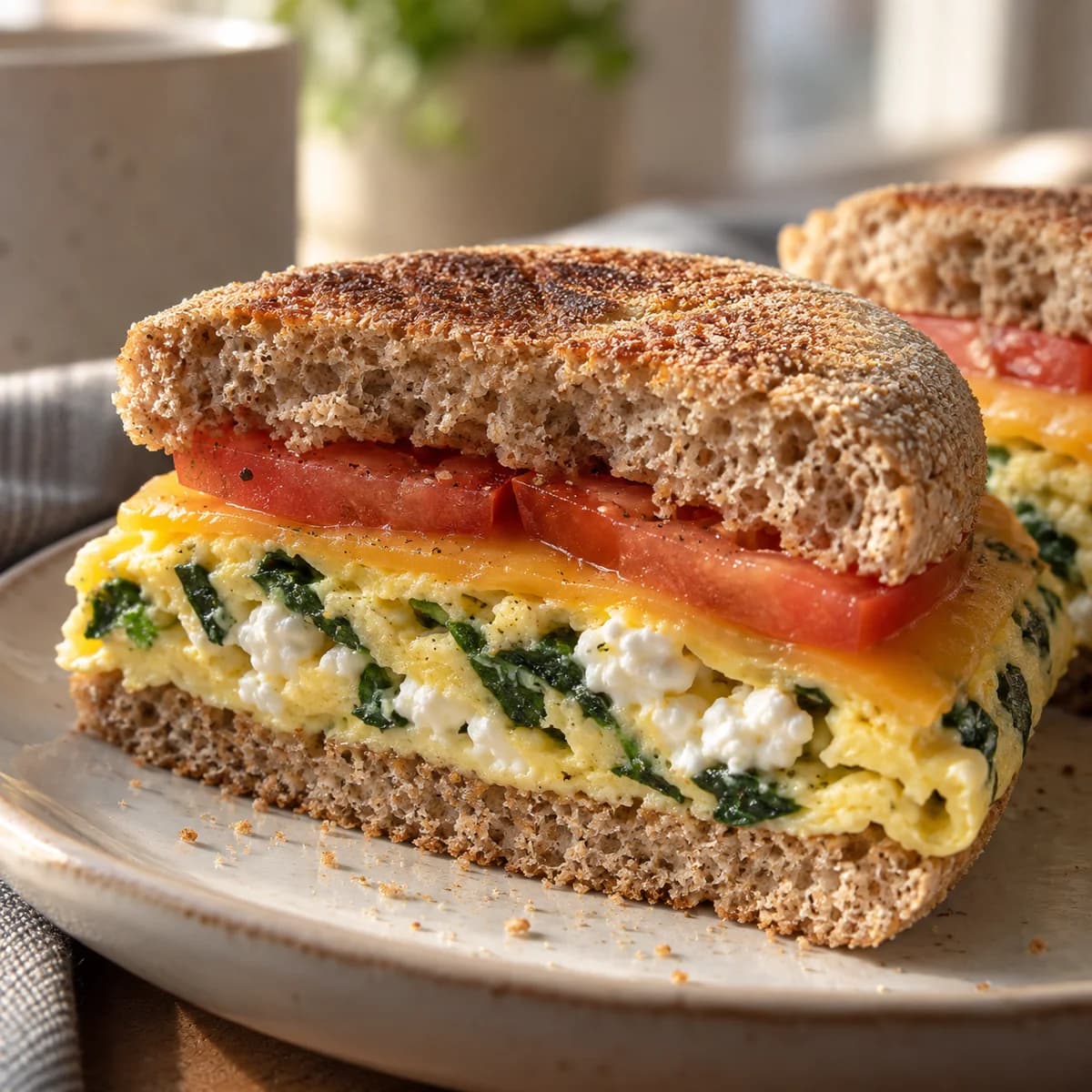 Close cross-section of a breakfast sandwich showing fully cooked egg, spinach, cheddar and tomato