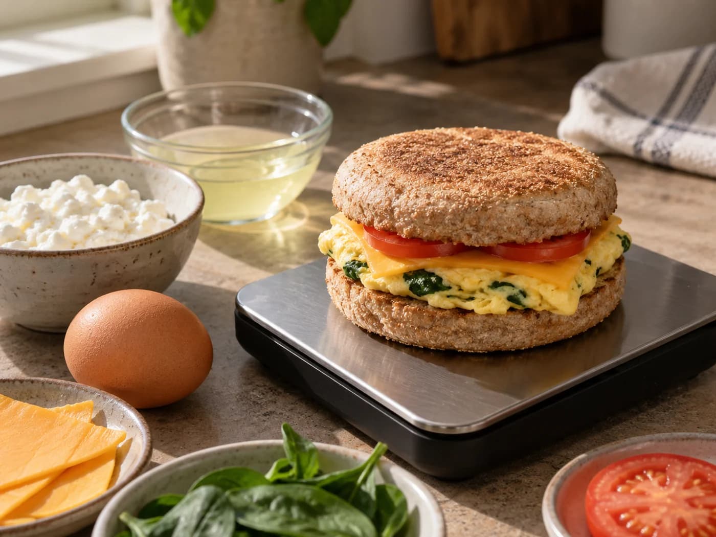 A breakfast sandwich on a kitchen scale beside cottage cheese, egg, cheddar and spinach