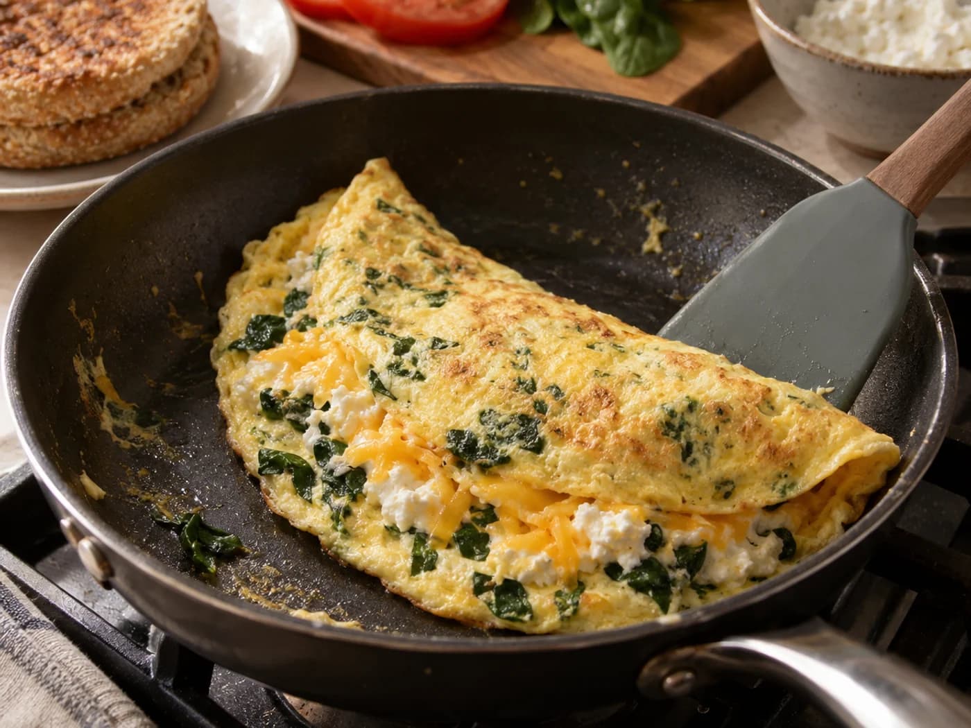 A fully set egg-and-spinach omelet being folded around a little cheddar in a small skillet