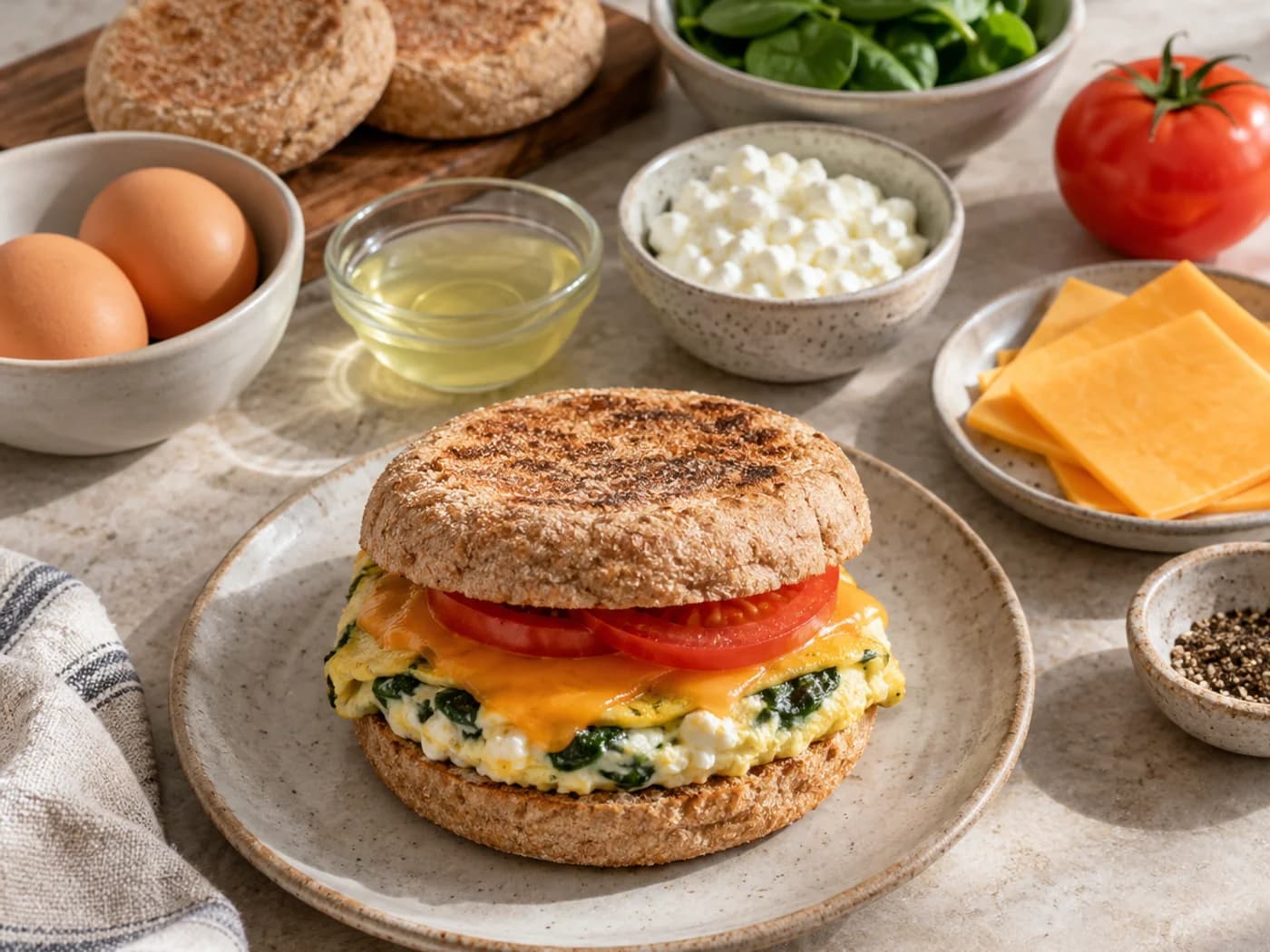 Two English muffins, eggs, egg whites, cottage cheese, cheddar, spinach, tomato, oil and pepper arranged separately