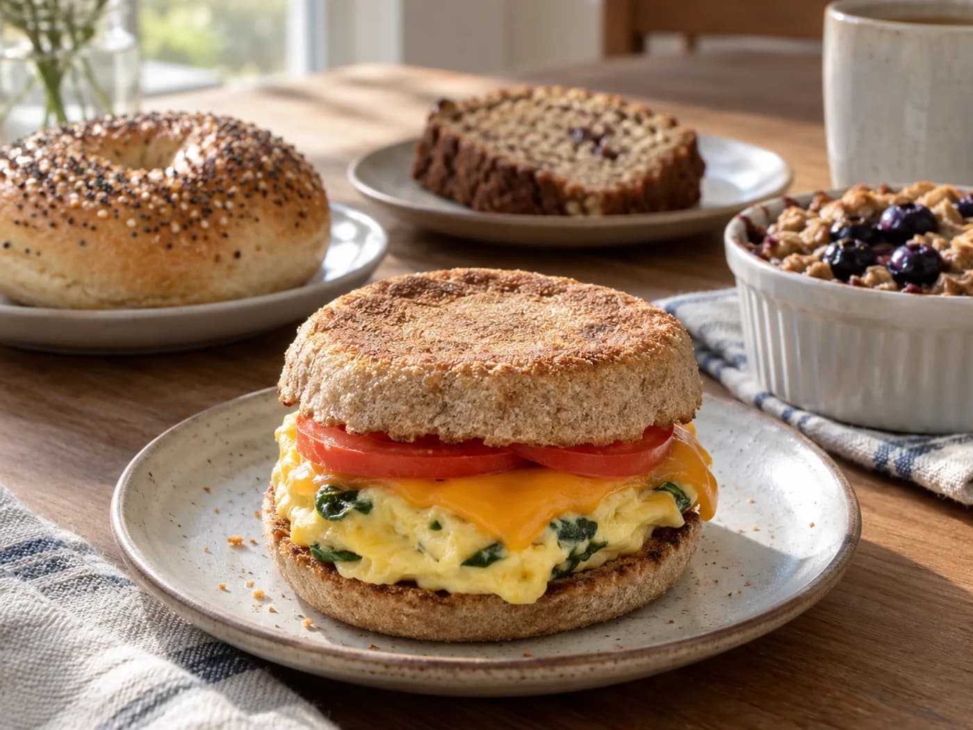 A savoury breakfast sandwich beside separate small servings of bagel, banana bread and blueberry baked oats