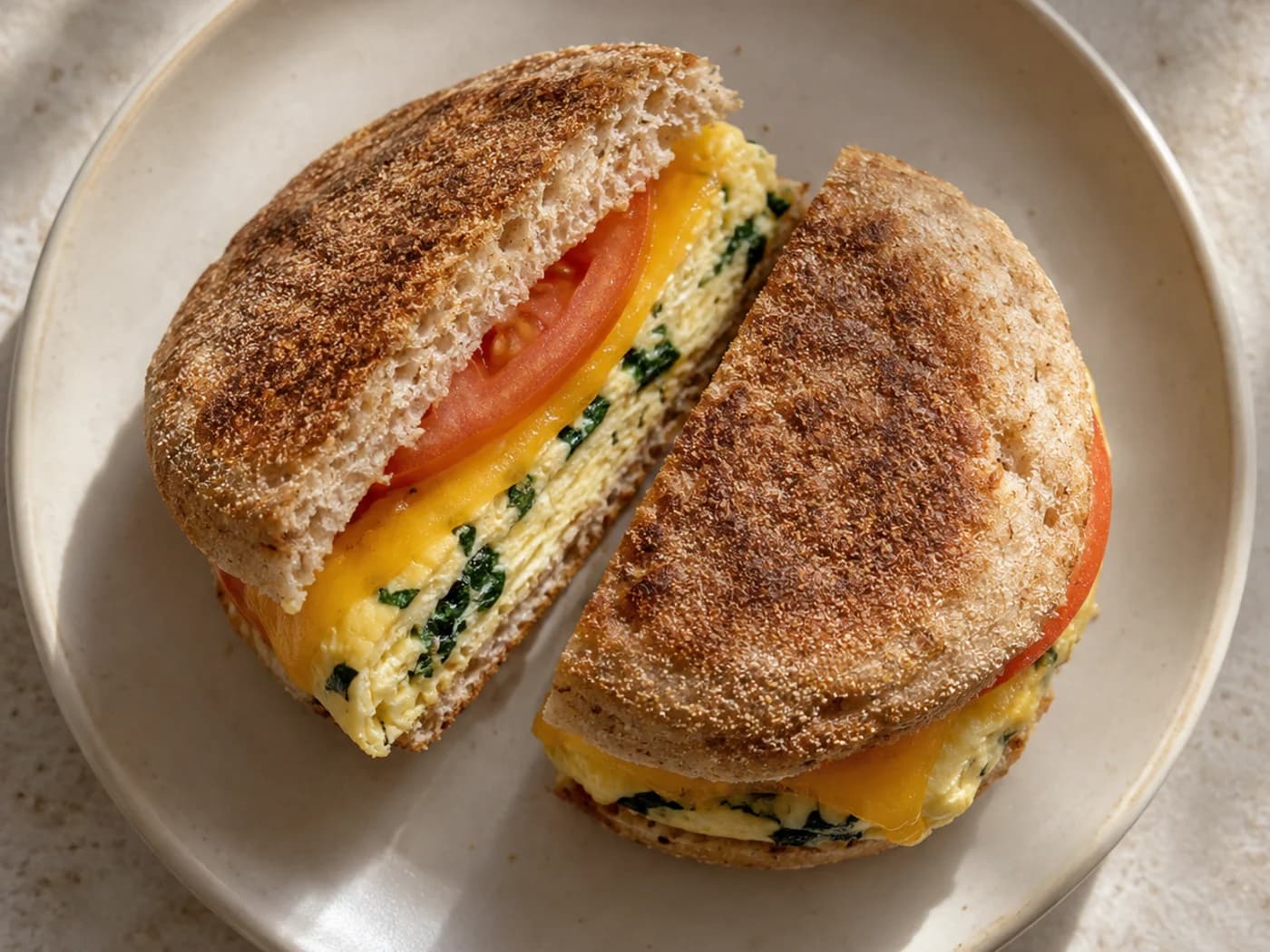 One complete egg, spinach and cheddar English muffin sandwich on a small cream plate